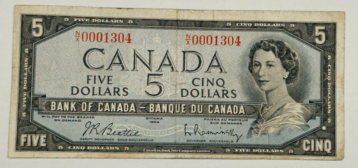 Canada 1954 $5 Banknote Low Serial 0001304 Beattie Rasminsky BC-39b Pick 77b VF