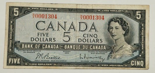 Canada 1954 $5 Banknote Low Serial 0001304 Beattie Rasminsky BC-39b Pick 77b VF